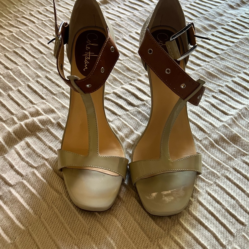 Cole Haan 4 inch heels. Green with brown strap